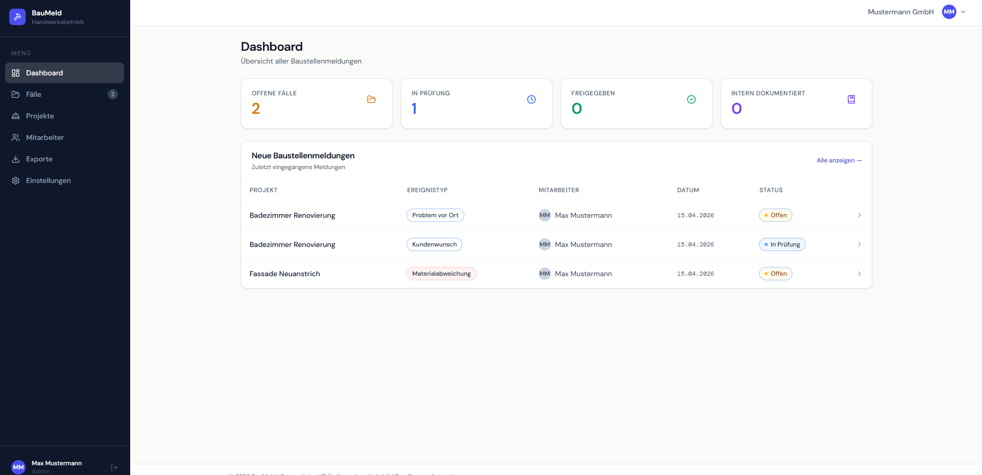 Screenshot des BauMeld Büro-Dashboards mit einer Liste aktueller Baustellenmeldungen
